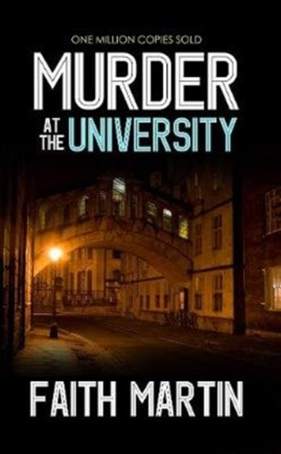 Murder at the University book cover featuring a nighttime street scene with buildings and an arched bridge.