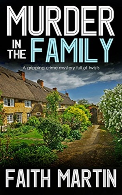 Murder In The Family book cover with a thatched roof house and garden.