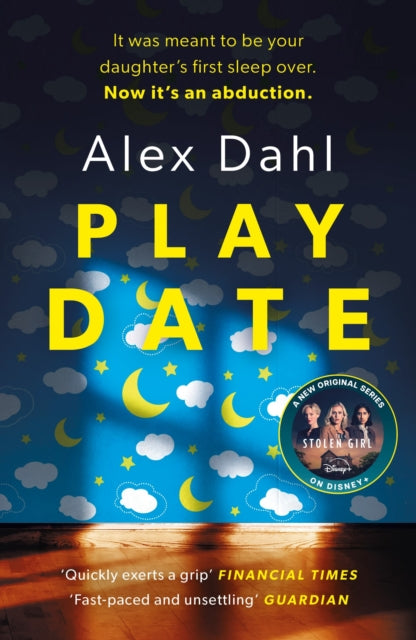 Book cover for Playdate by Alex Dahl, featuring a dark blue background with moons and clouds.