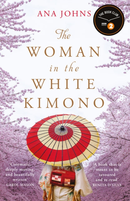 The Woman in the White Kimono book cover with cherry blossoms and a woman in a kimono.