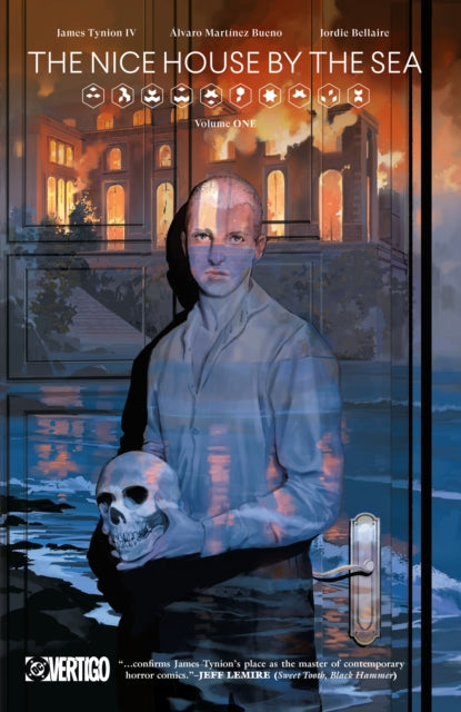 The Nice House by the Sea Vol. 1 comic cover features a man holding a skull in front of a burning house.