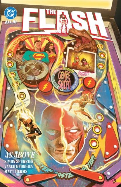 The Flash Vol. 3: As Above comic book cover features a pinball machine design with The Flash and Justice League characters.