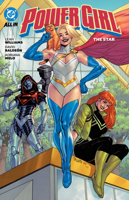 Power Girl comic cover with Power Girl, Omen, and a cat.