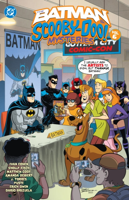 The Batman & Scooby-Doo Mysteries Vol. 6 comic cover features Batman and the Mystery Inc. gang at a comic con.