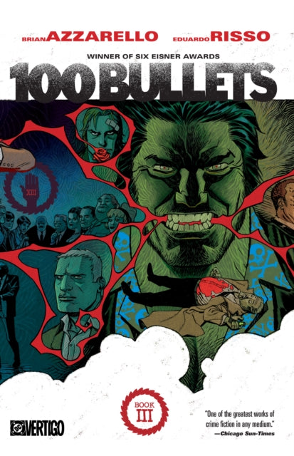 100 Bullets Book Three comic book cover featuring a green-faced man and various characters.