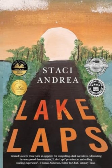 Lake Laps book cover with a road leading to a sunset.