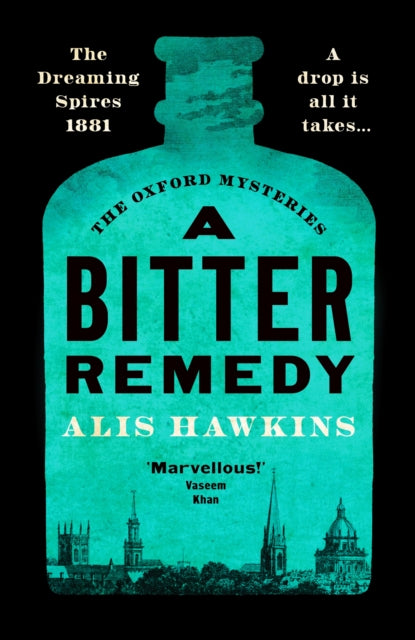 A Bitter Remedy book cover featuring a teal bottle silhouette with black text.