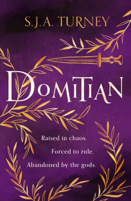 Domitian book cover with gold laurel branches and a sword.