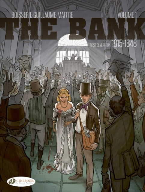 The Bank Vol. 1 comic cover features a dramatic scene with a couple in the foreground and a crowd of people in a grand hall.