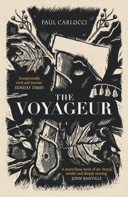 The Voyageur book cover with woodcut art and quotes.