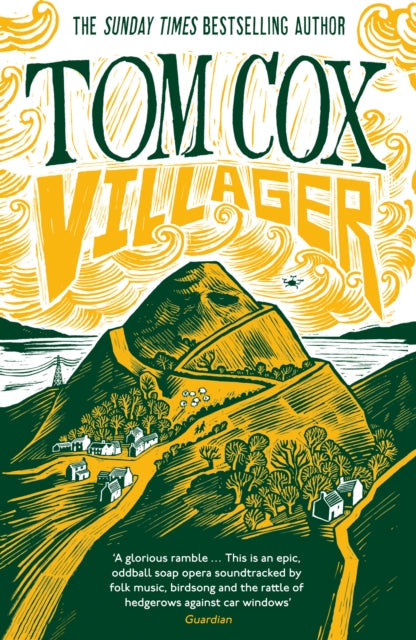 Book cover for "Villager" by Tom Cox, featuring a stylized illustration of a village on a hillside.