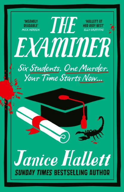 The Examiner book cover with a graduation cap, diploma, and scorpion.