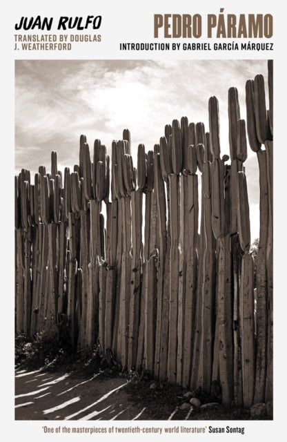 Pedro Páramo book cover with a fence of cacti and text.