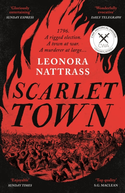 Scarlet Town book cover with flames and a crowd scene.