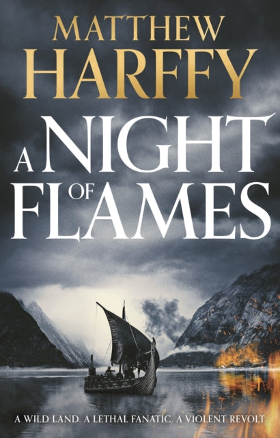 A Night of Flames book cover with a Viking ship and fiery mountains.