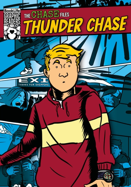 The Chase Files: Thunder Chase book cover featuring a surprised boy in a red and yellow hoodie.