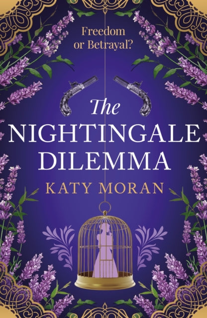 The Nightingale Dilemma book cover with pistols, a birdcage, and lavender.