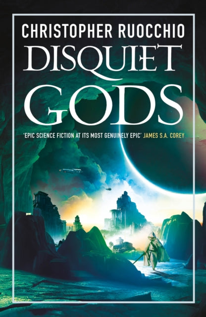 Disquiet Gods book cover featuring a futuristic landscape with a robed figure.