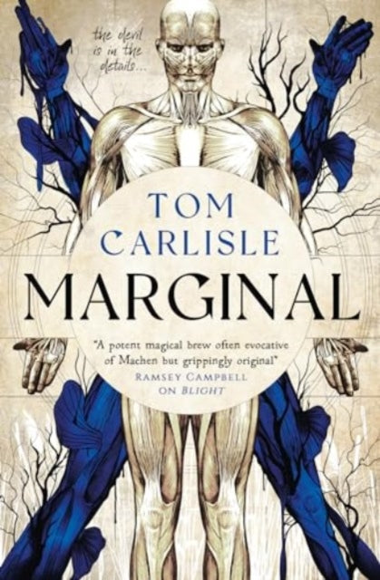 Book cover for "Marginal" by Tom Carlisle, featuring anatomical art and blue figures.