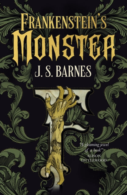 Frankenstein's Monster book cover with a skeletal hand on a decorative background.