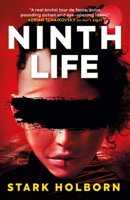 Book cover for "Ninth Life" by Stark Holborn with a person's face obscured by a black bar.