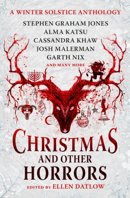 Christmas and Other Horrors anthology cover with a red deer skull and ornaments.
