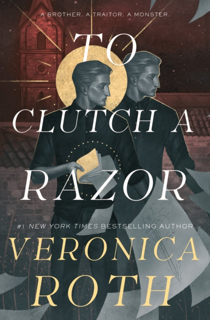 Book cover for "To Clutch a Razor" by Veronica Roth, featuring two men and a church.