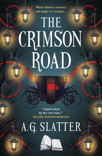 The Crimson Road book cover with a carriage and lanterns.