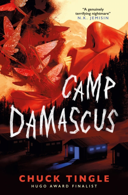 Camp Damascus book cover with cabins, moths, and a red figure.