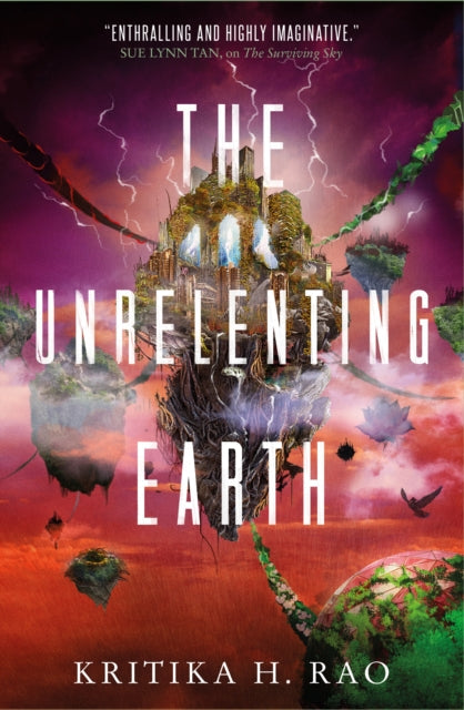 The Unrelenting Earth book cover features a floating island city with a stormy, purple sky.