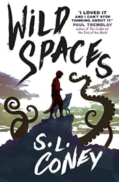 Wild Spaces book cover featuring a boy and a wolf on a cliff with tentacles.