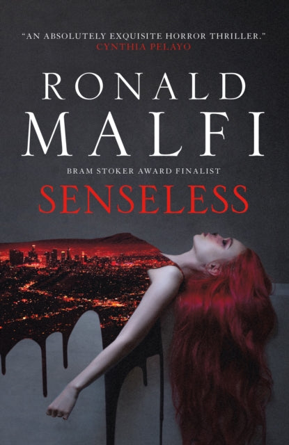 Book cover for Senseless by Ronald Malfi featuring a woman with red hair and a city skyline.
