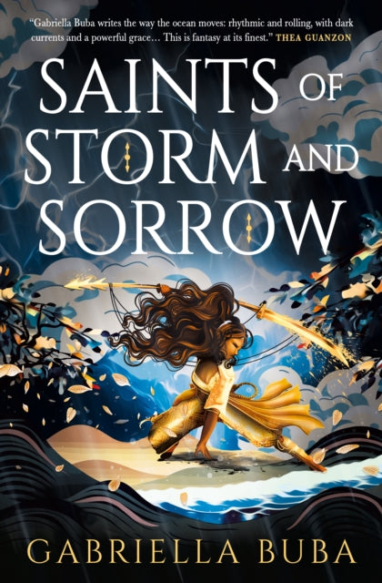 The Saints of Storm and Sorrow book cover features a woman in a golden outfit wielding a sword.