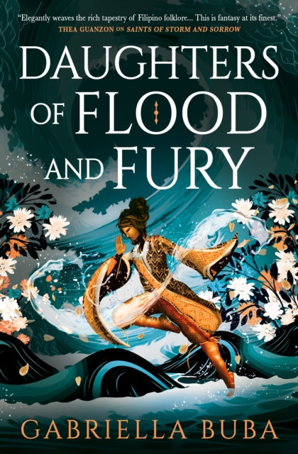 Daughters of Flood and Fury book cover with a woman in dynamic pose amidst waves and flowers.