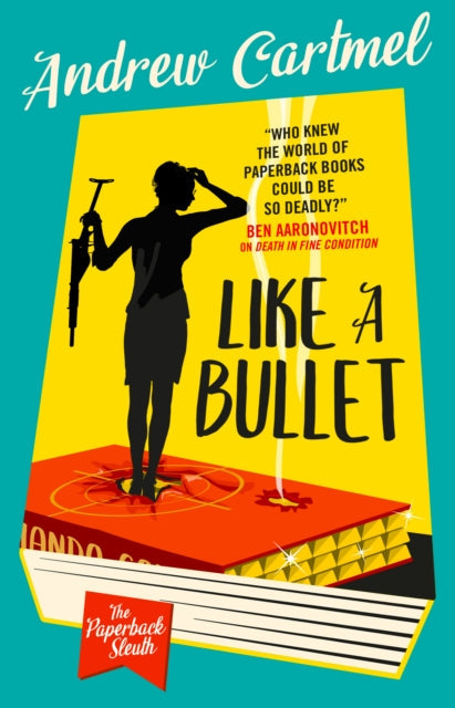 Book cover for "Like a Bullet" by Andrew Cartmel, featuring a silhouette of a woman with a gun.