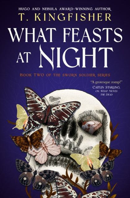Book cover for "What Feasts at Night" featuring a skull and butterflies.
