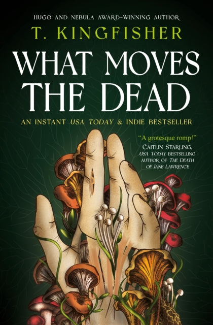 Book cover for "What Moves the Dead" by T. Kingfisher featuring hands and mushrooms.