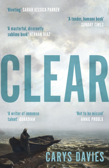 Book cover for Clear by Carys Davies featuring a boat and a figure on a beach.
