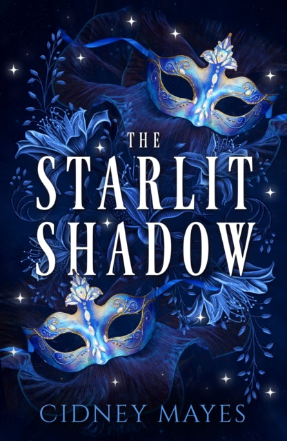 The Starlit Shadow book cover with masks and floral designs.