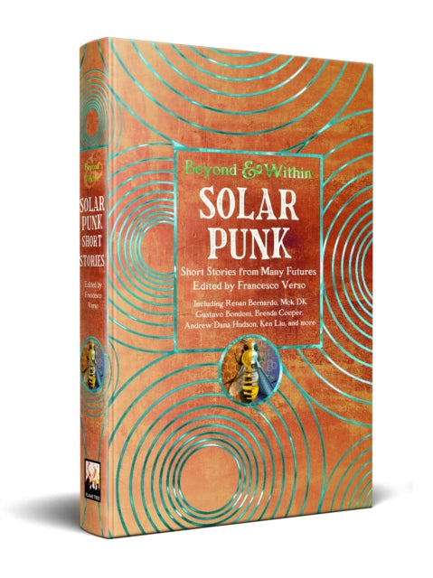 Solarpunk: Short Stories from Many Futures book cover with copper and teal circular design.