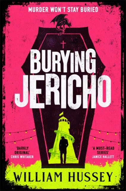 Burying Jericho book cover with a coffin, lighthouse, and dragon.