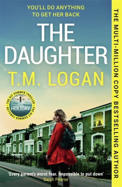 The Daughter by T.M. Logan book cover with a woman in a red coat.