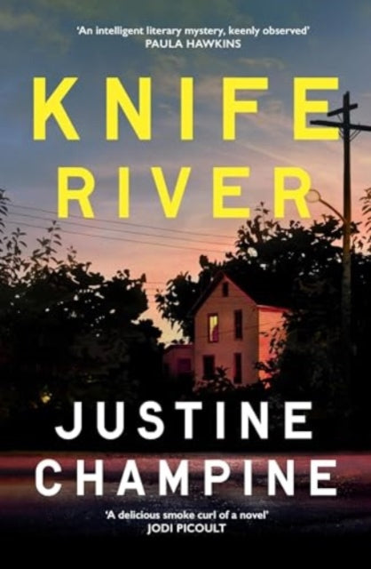 Knife River book cover with yellow text and a house at sunset.