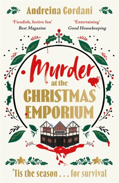 Murder at the Christmas Emporium book cover with festive and bloody imagery.