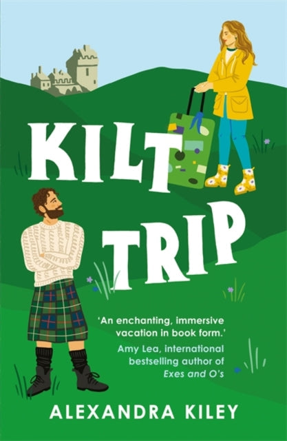 Book cover for Kilt Trip featuring a man in a kilt and a woman with a suitcase.