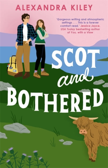 Book cover for Scot and Bothered featuring two people, a highland cow, and a Scottish landscape.