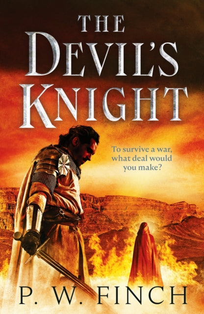 The Devil's Knight book cover featuring a knight and a cloaked figure amidst flames.