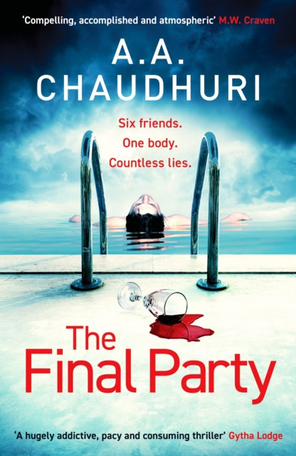 Book cover for "The Final Party" with a person in a pool and a spilled wine glass.