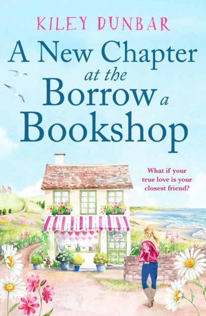 A New Chapter at the Borrow a Bookshop book cover with a seaside village and a woman.