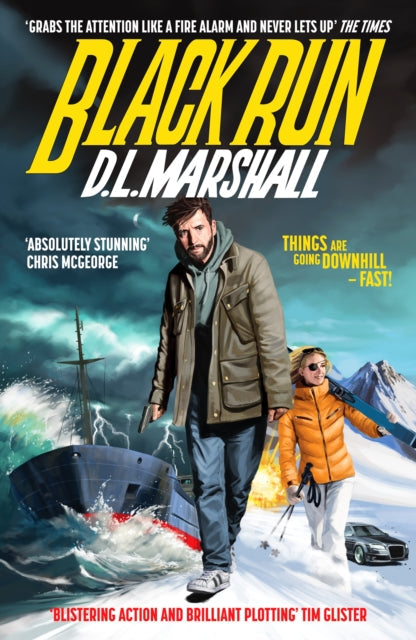 Black Run book cover with a man holding a gun and a woman with skis.
